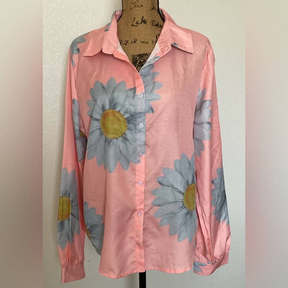 Pink and Gray Relaxed Button Down Shirt with Puff Sleeves